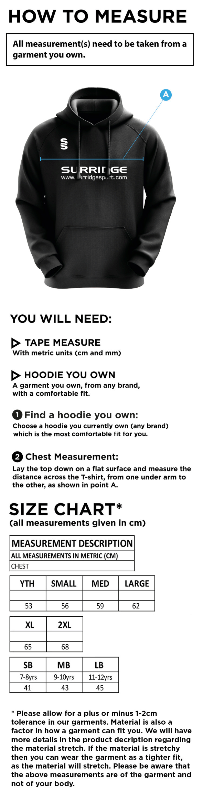 Kidlington CC - Blade Hoodie - Size Guide