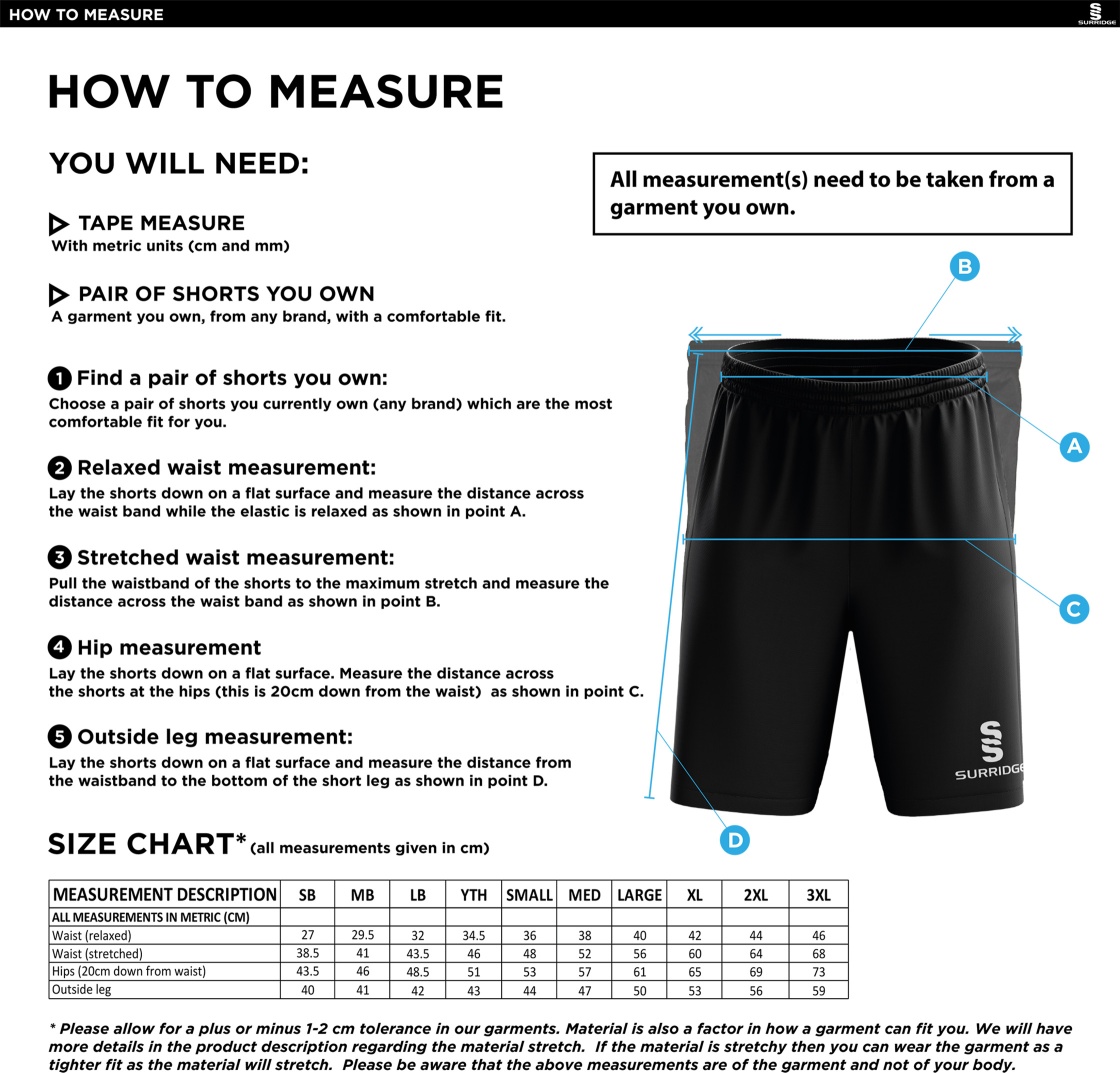 Kidlington CC - Ripstop Training Shorts - Size Guide