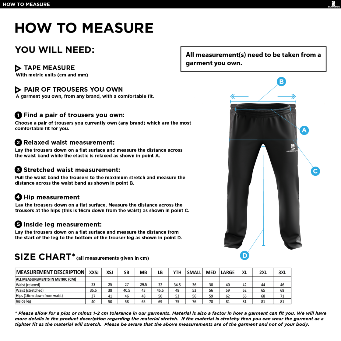 Kidlington CC - Curve 3/4 Zip Trackpants - Size Guide