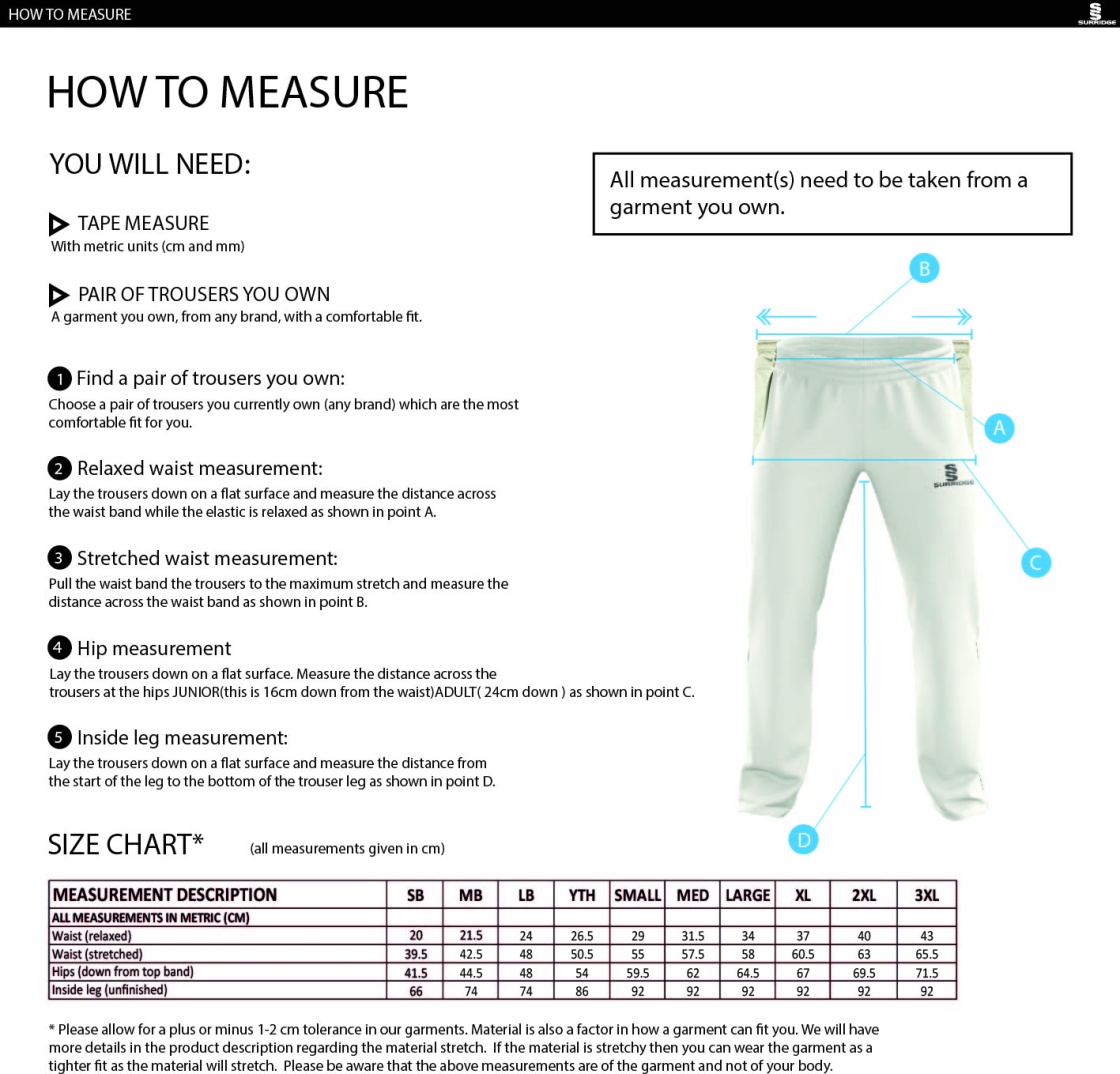 Kidlington CC - Standard Playing Pant - Size Guide