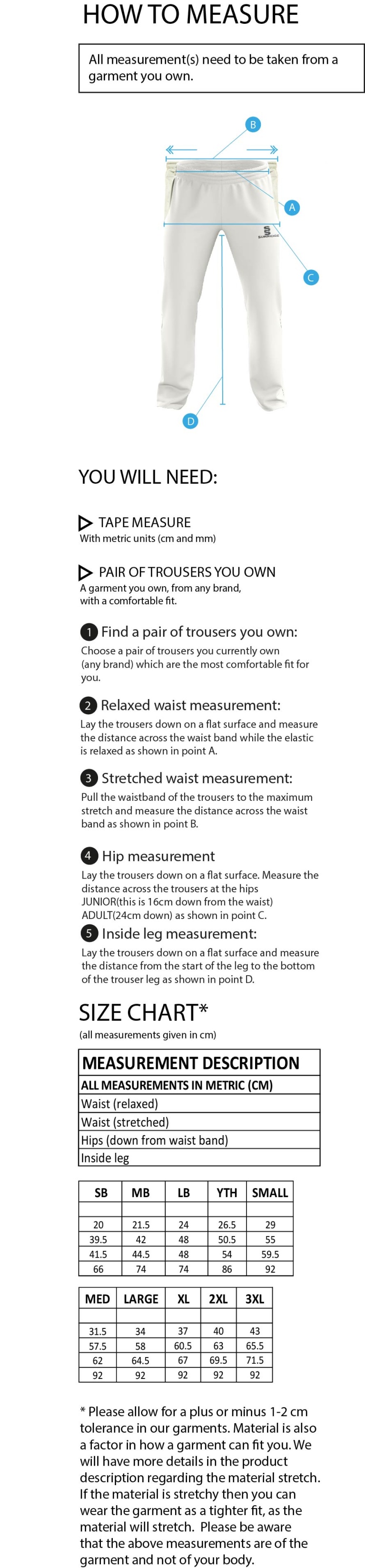 Kidlington CC - Standard Playing Pant - Size Guide