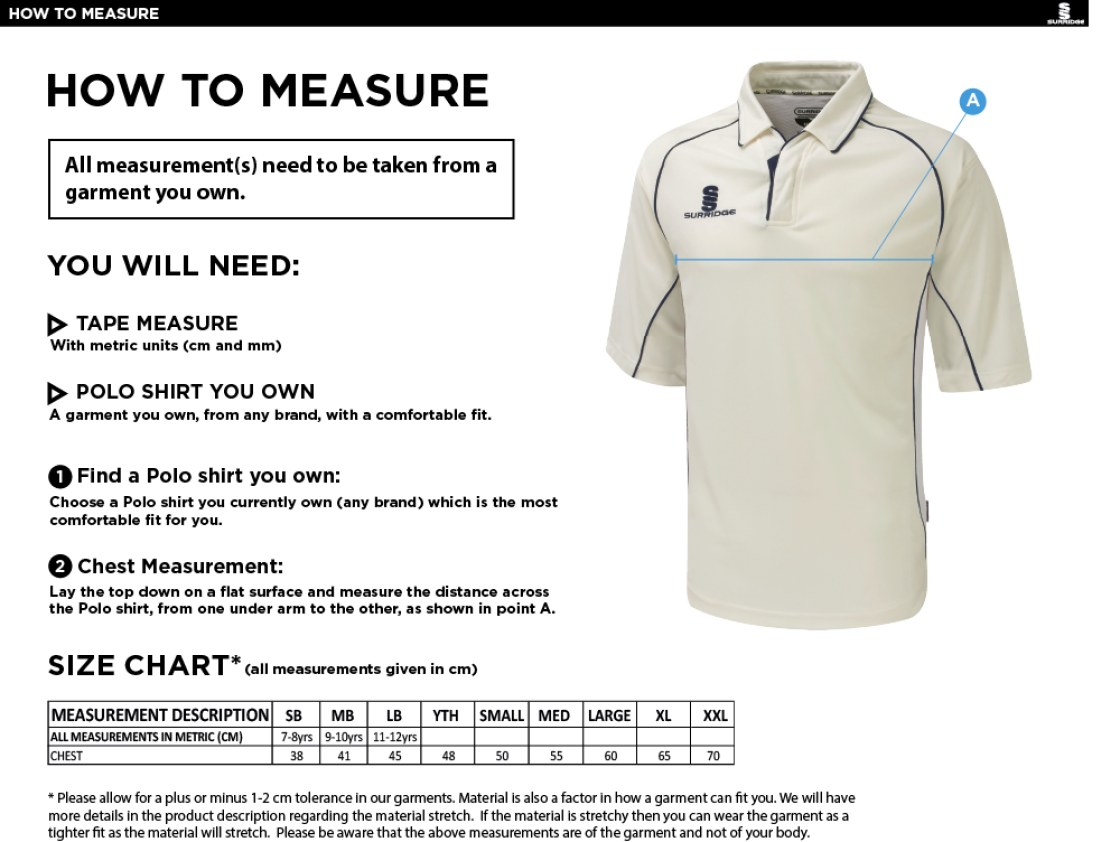 Kidlington CC - Dual Premier Short Sleeve Shirt - Size Guide