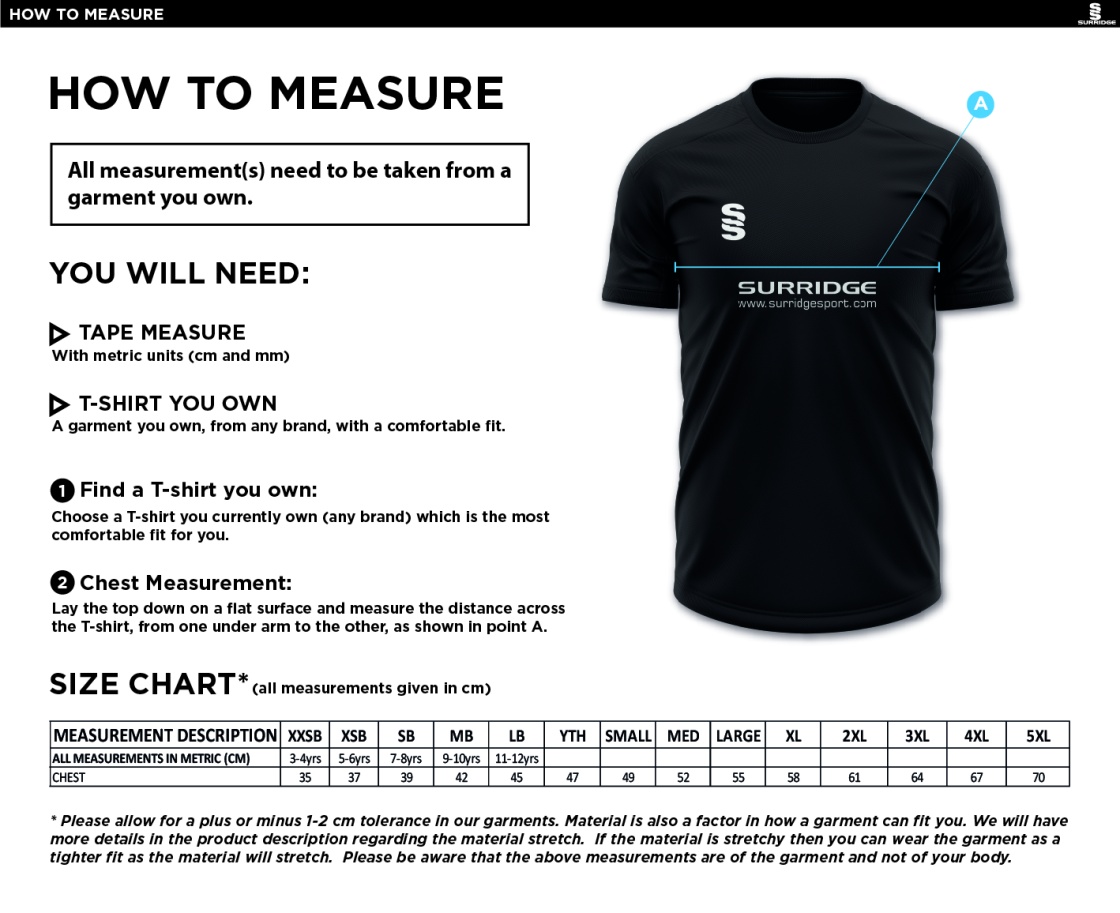 Kidlington CC - Blade Training Top - Size Guide