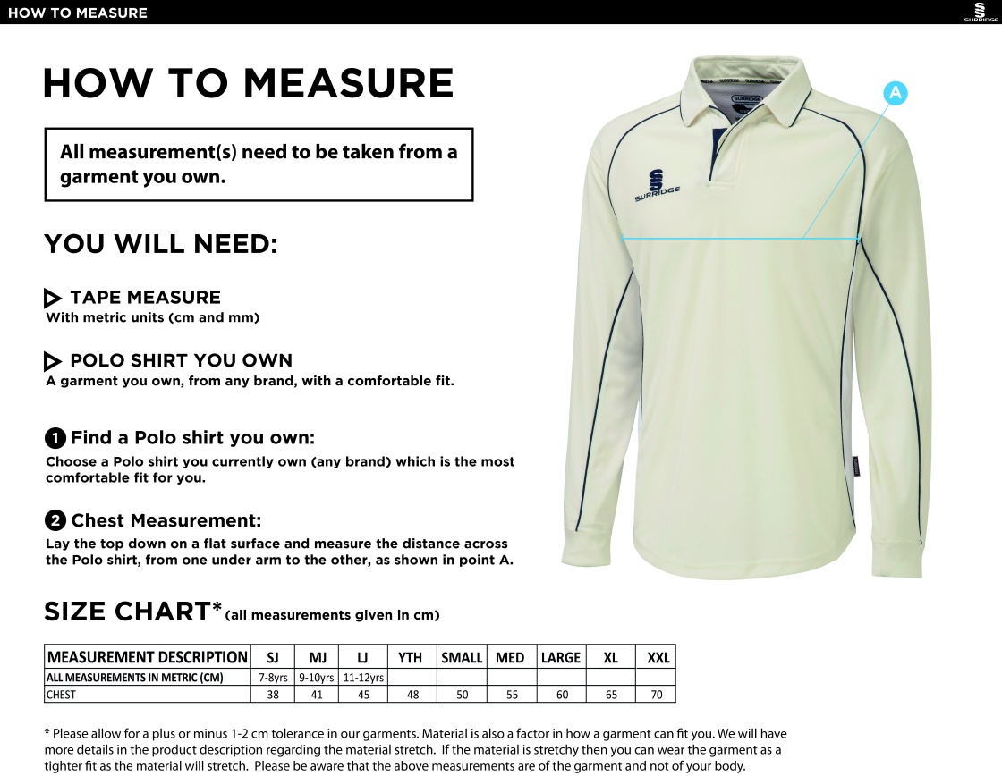 Kidlington CC - L/S Cricket Shirt Premier - Size Guide