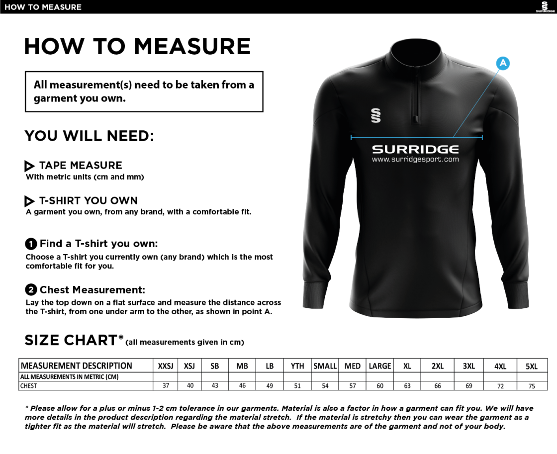 KIDLINGTON CC - 1/4 Zip Dual Performance Top - Size Guide