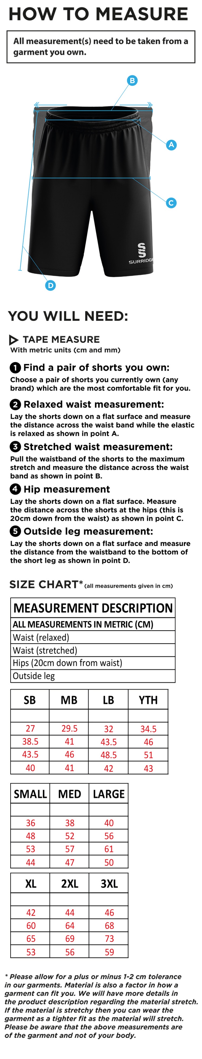 Kidlington CC - Ripstop Training Shorts - Size Guide