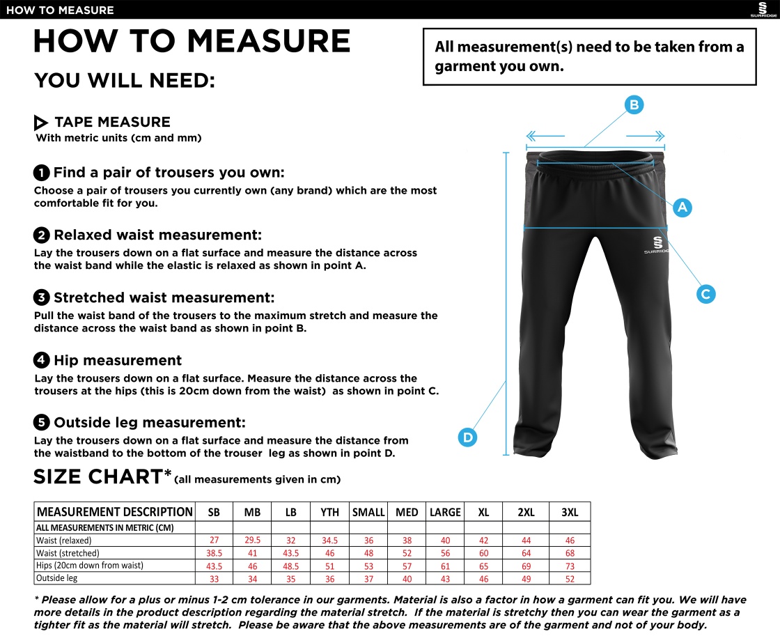 KIDLINGTON CC Rip Stop Track Pant : Navy - Size Guide