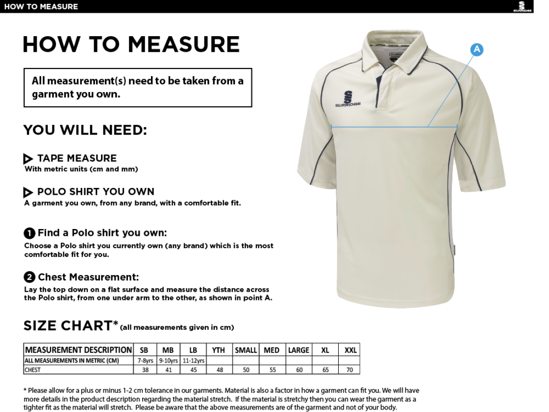 Kidlington CC - Dual Premier Short Sleeve Shirt - Size Guide