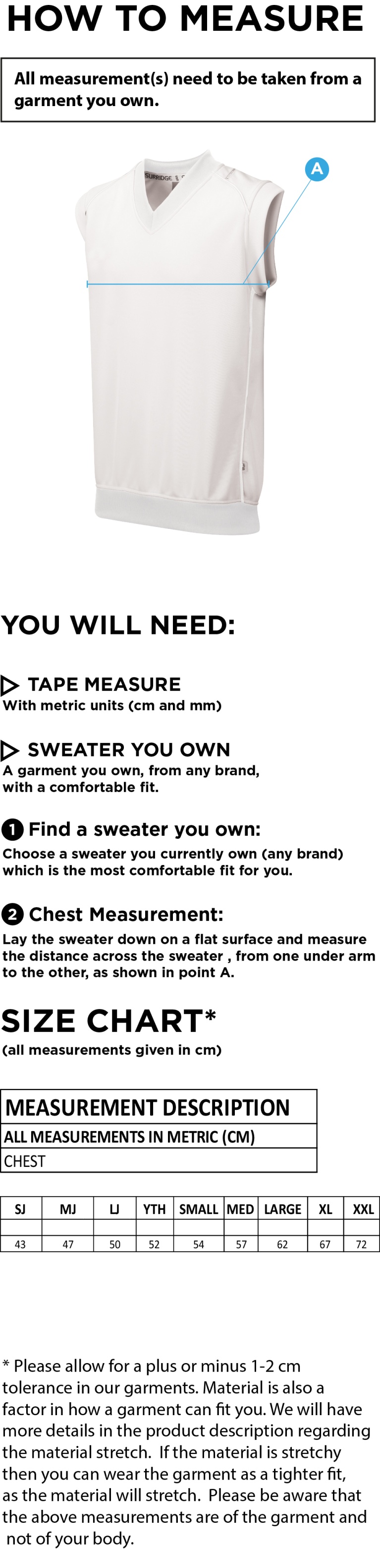 Kidlington CC - Dual Sleeveless Sweater - Size Guide