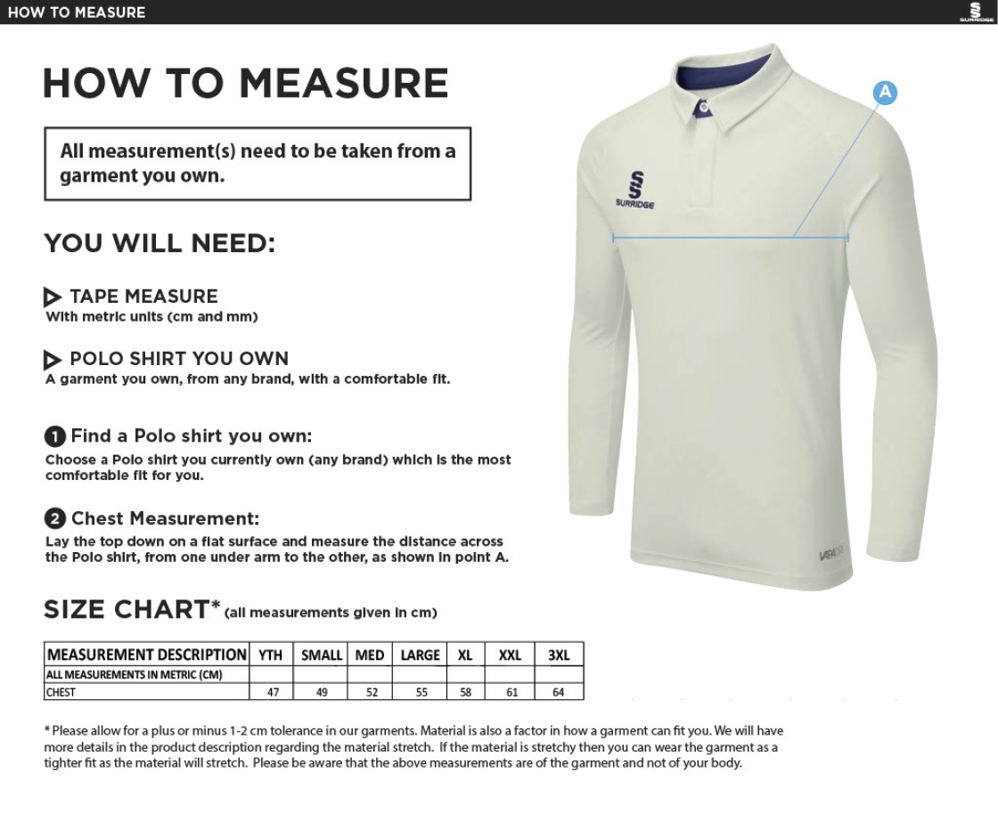 KIDLINGTON CC - DUAL LONG SLEEVE CRICKET SHIRT - Men's Fit - Size Guide