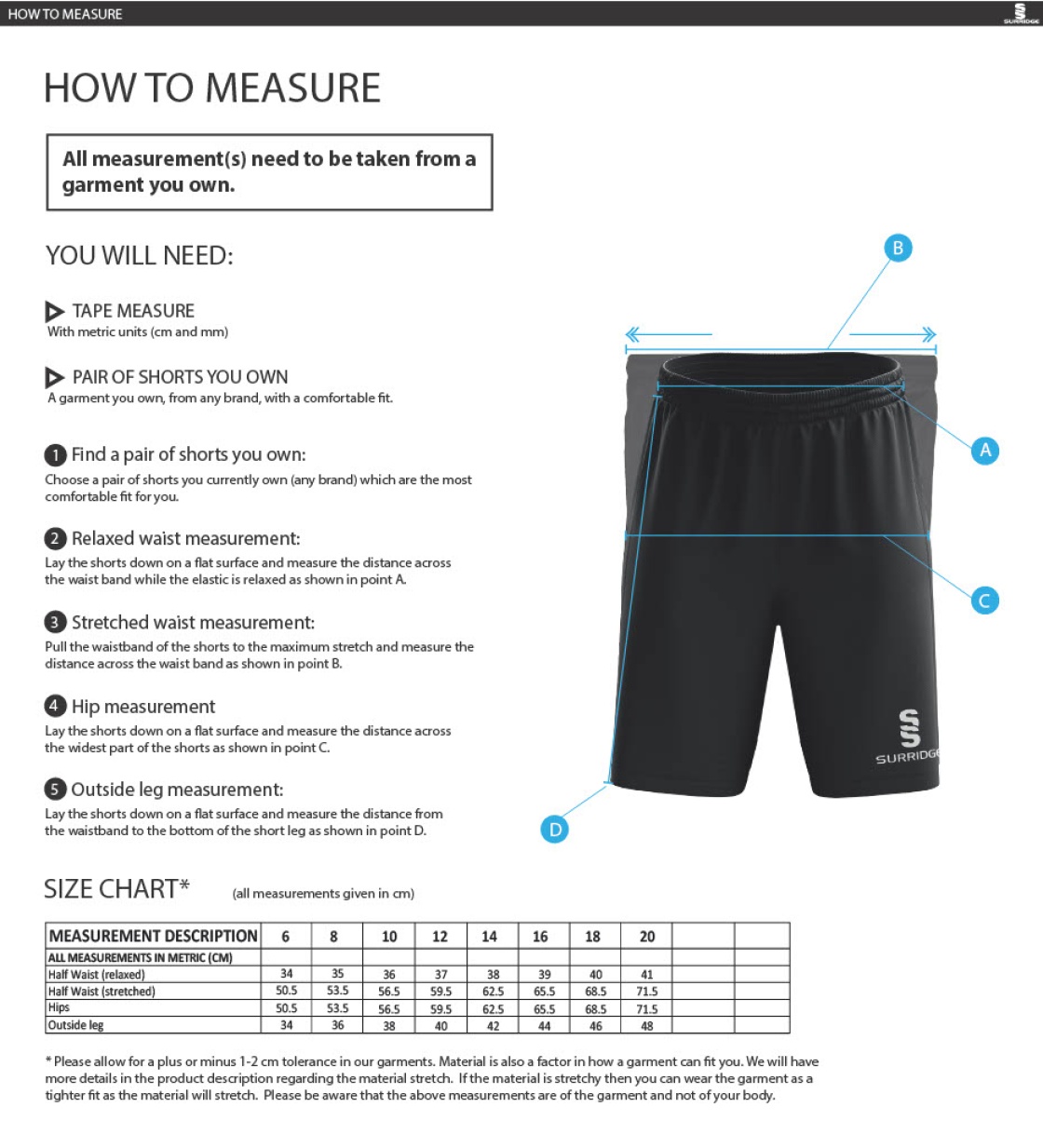 Kidlington CC - Women's Ripstop Training Shorts - Size Guide