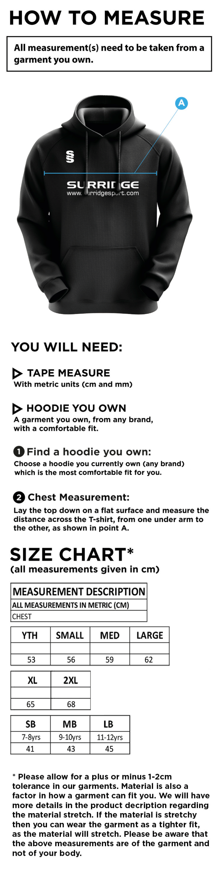 Kidlington CC - Blade Hoodie - Size Guide