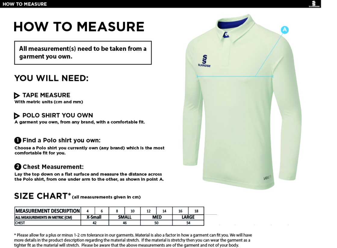 KIDLINGTON CC - DUAL LONG SLEEVE CRICKET SHIRT - Women's Fit - Size Guide