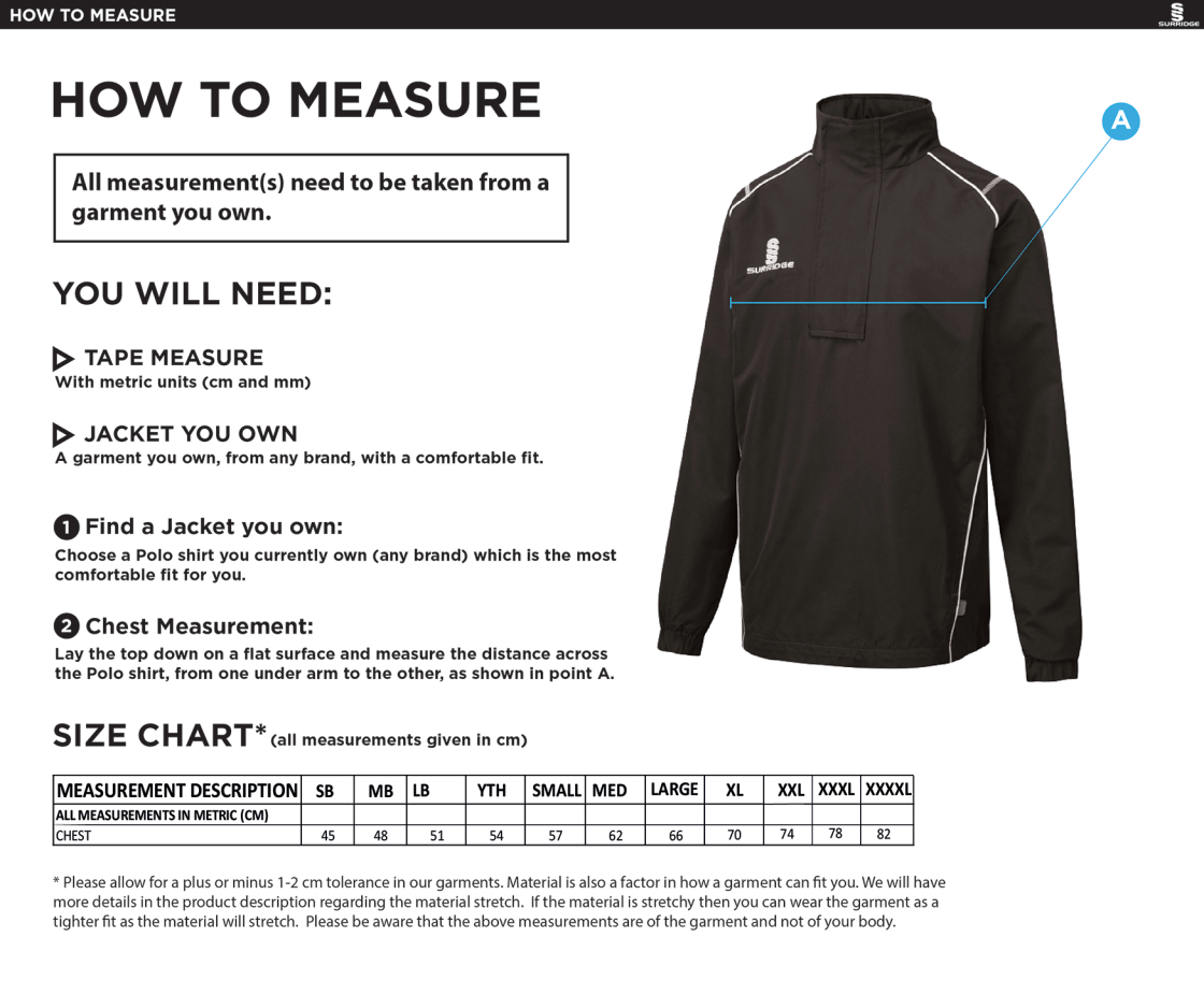Curve 1/4 Zip Rain Jacket - Black/ White - Size Guide