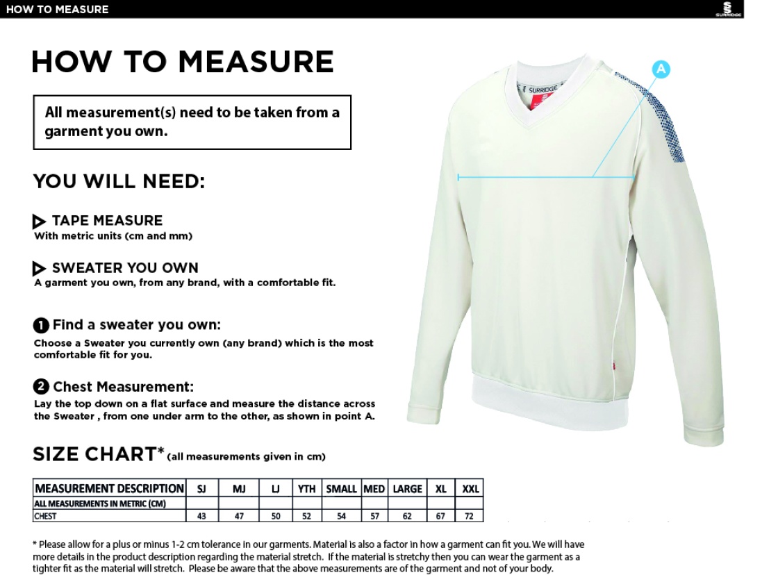 Kidlington CC - Dual Long Sleeve Sweater - Size Guide